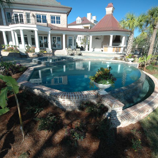 Backyard Curved Infinity Pool with Custom Spa