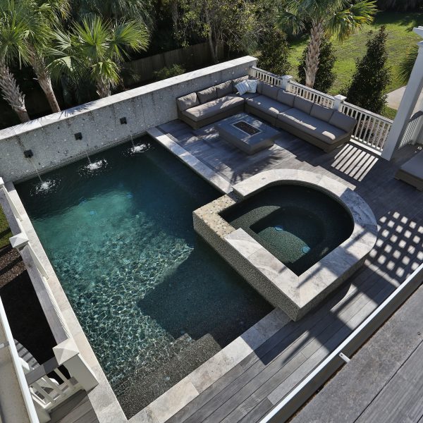 Custom Elevated Pool with Custom Spa and Seating Area Top View