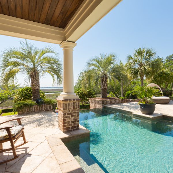 Custom Shaped Geometric Pool with Palm Trees Center View