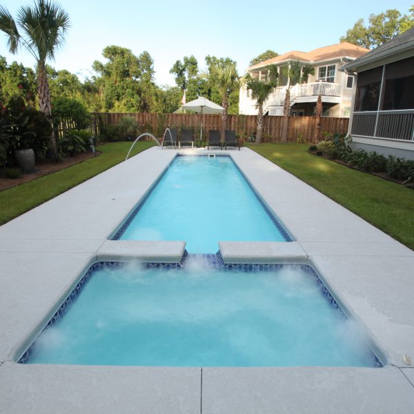 Fiberglass Pool with Water Features and a built-in Spa Front Facing View