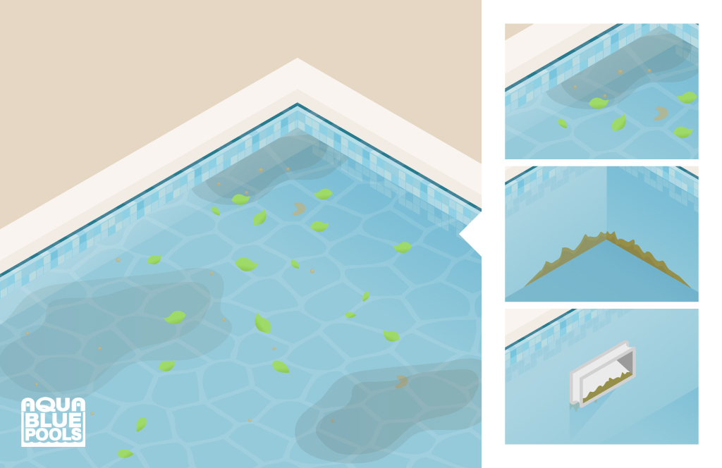 Clean pool filters, remove debris and clean pool tiles