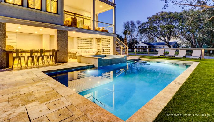 Backyard pool at night